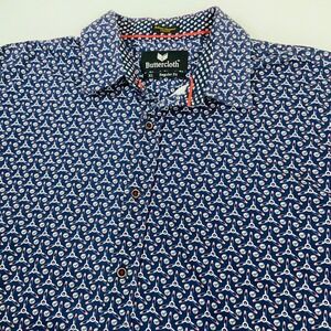 Buttercloth Mens XL Navy Blue Short Sleeve Button Up Shirt Propeller Ptint